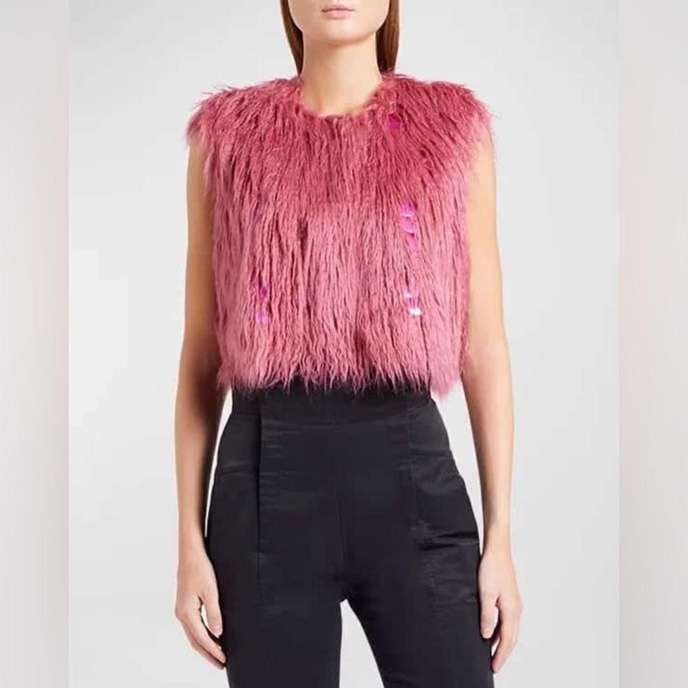 Alabama Muse NWT Lanny Gold Embellished Sleeveless Fur Jacket Desert Rose IT 42 - Picture 1 of 11